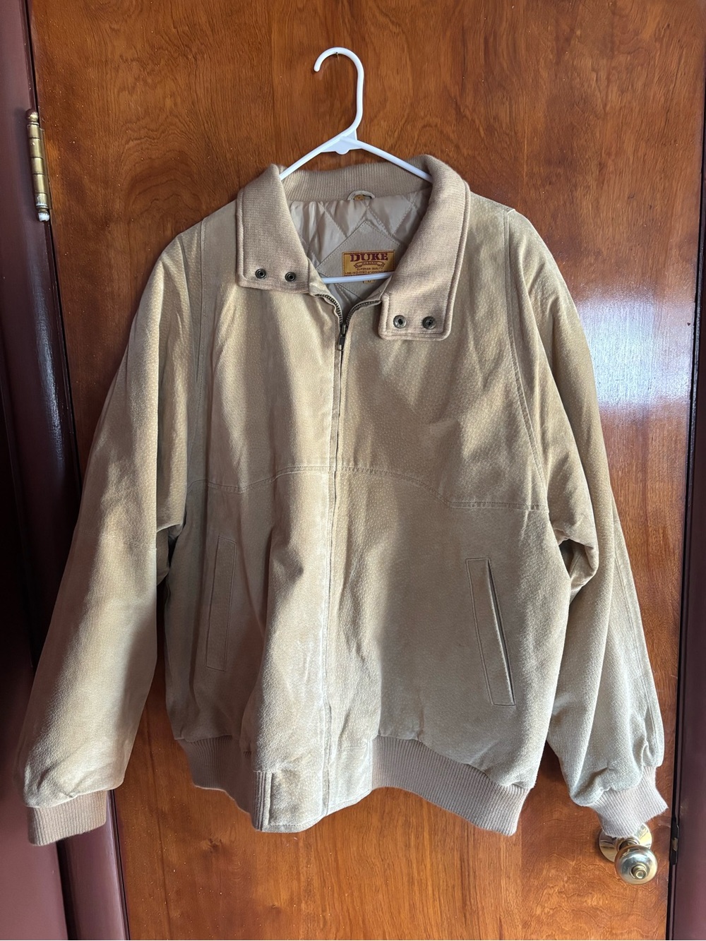 Vintage DUKE Genuine Leather Suede Bomber Jacket Tan Quilted Lined Large